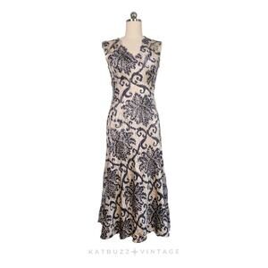 Komarov Maxi Dress Xl Tan Black Sleeveless Floral Crinkle Whimsigoth Artsy Lace